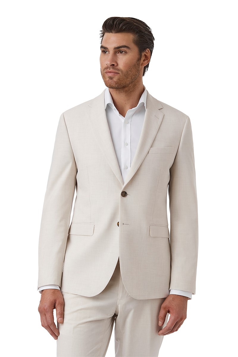 Man in stylish beige suit. Tailored menswear for business or events. Fashionable suit for the modern man.