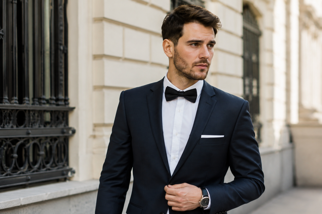 Man wearing bow tie with normal suit.
