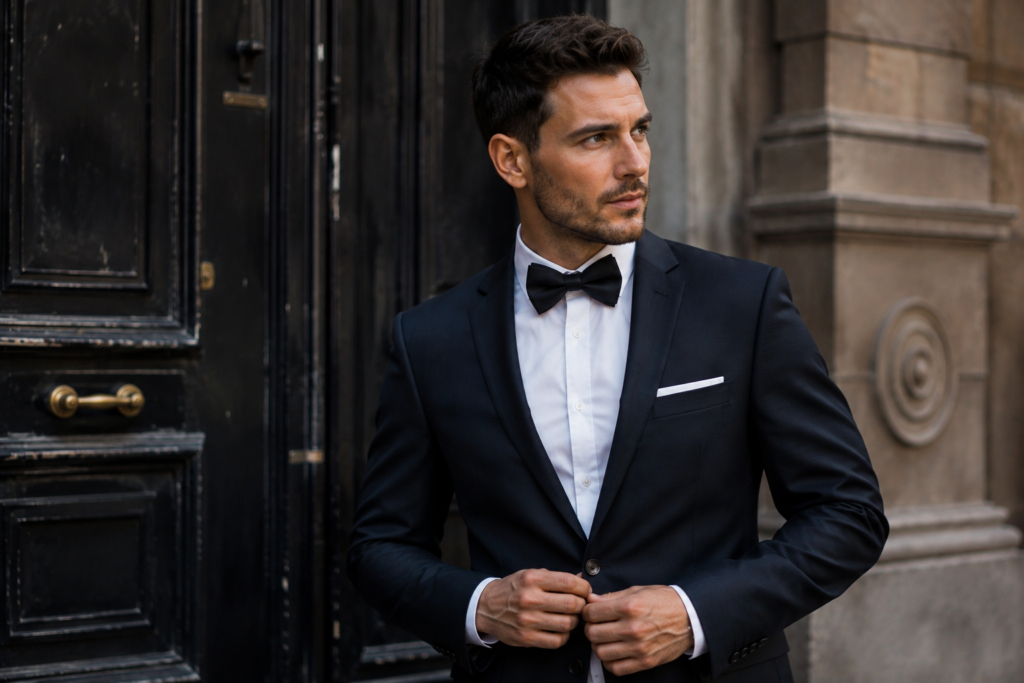 Man wearing bow tie with normal suit.