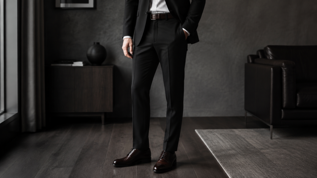 black suit brown shoes
