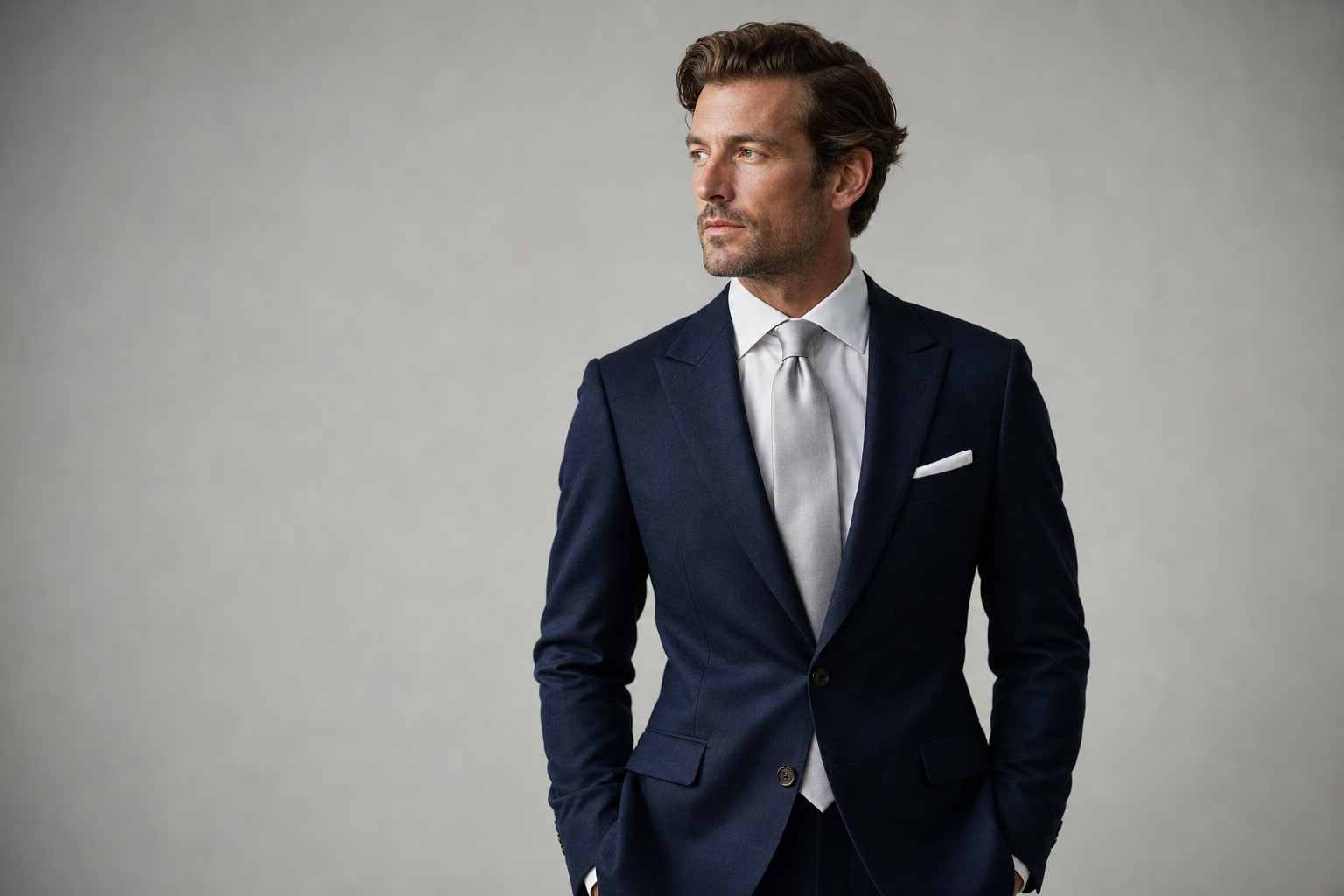 navy suit with silver tie