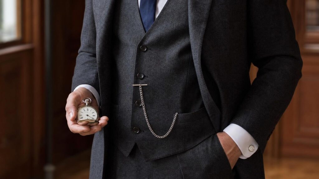 he's holding the watch in his hand, but the chain runs into the waistcoat pocket instead of to the watch.