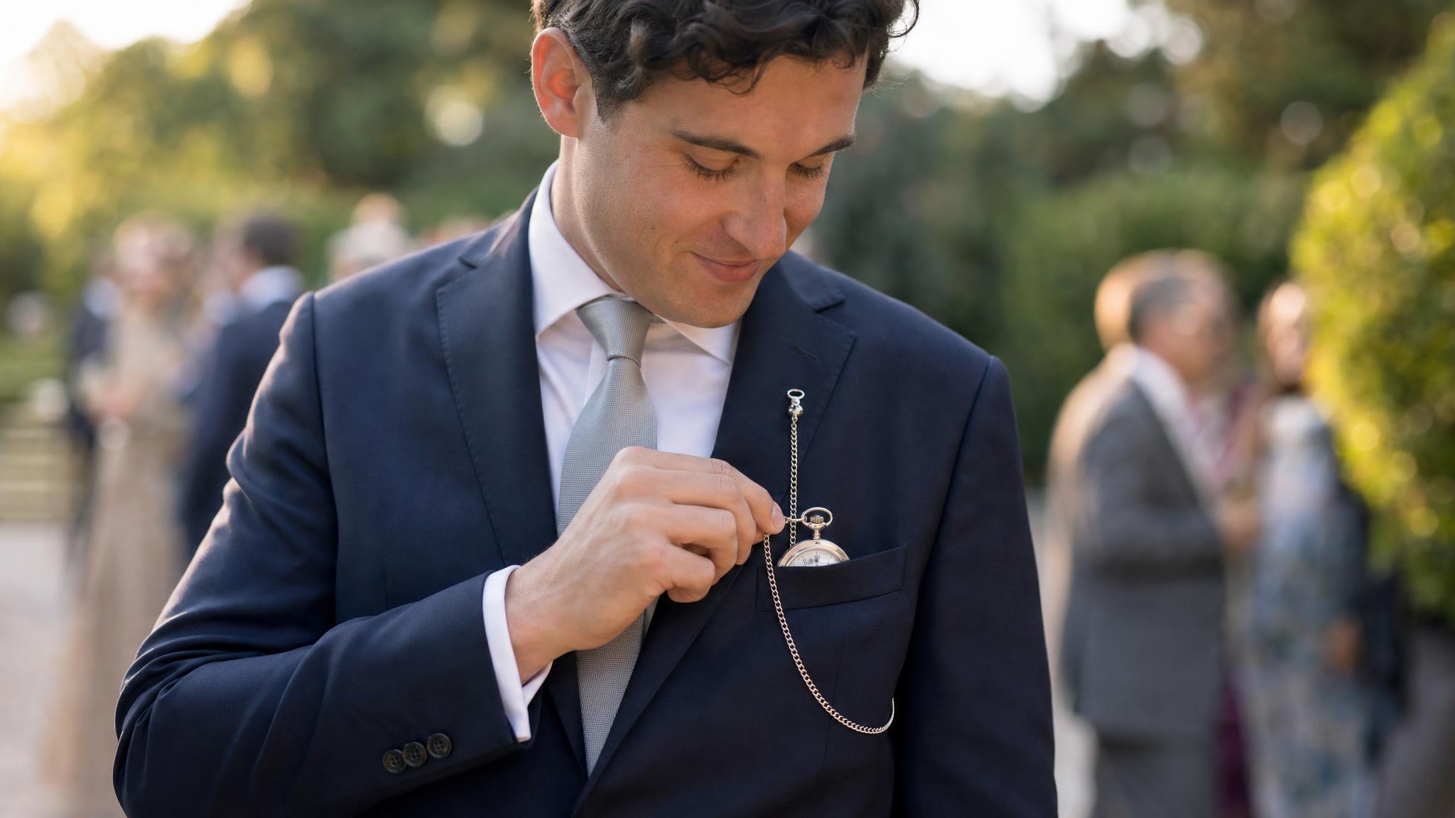 the chain clips onto the chest just below the lapel, not into the lapel buttonhole