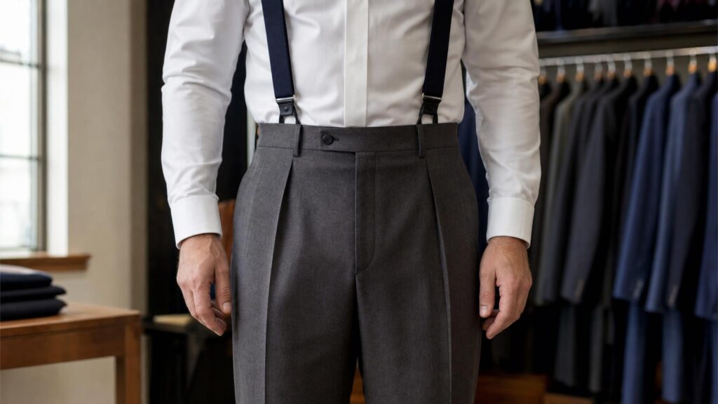 Charcoal pleated high-rise trousers sit at the natural waist, with a crisp white shirt tucked in neatly and navy bracesCharcoal pleated high-rise trousers sit at the natural waist, with a crisp white shirt tucked in neatly and navy braces