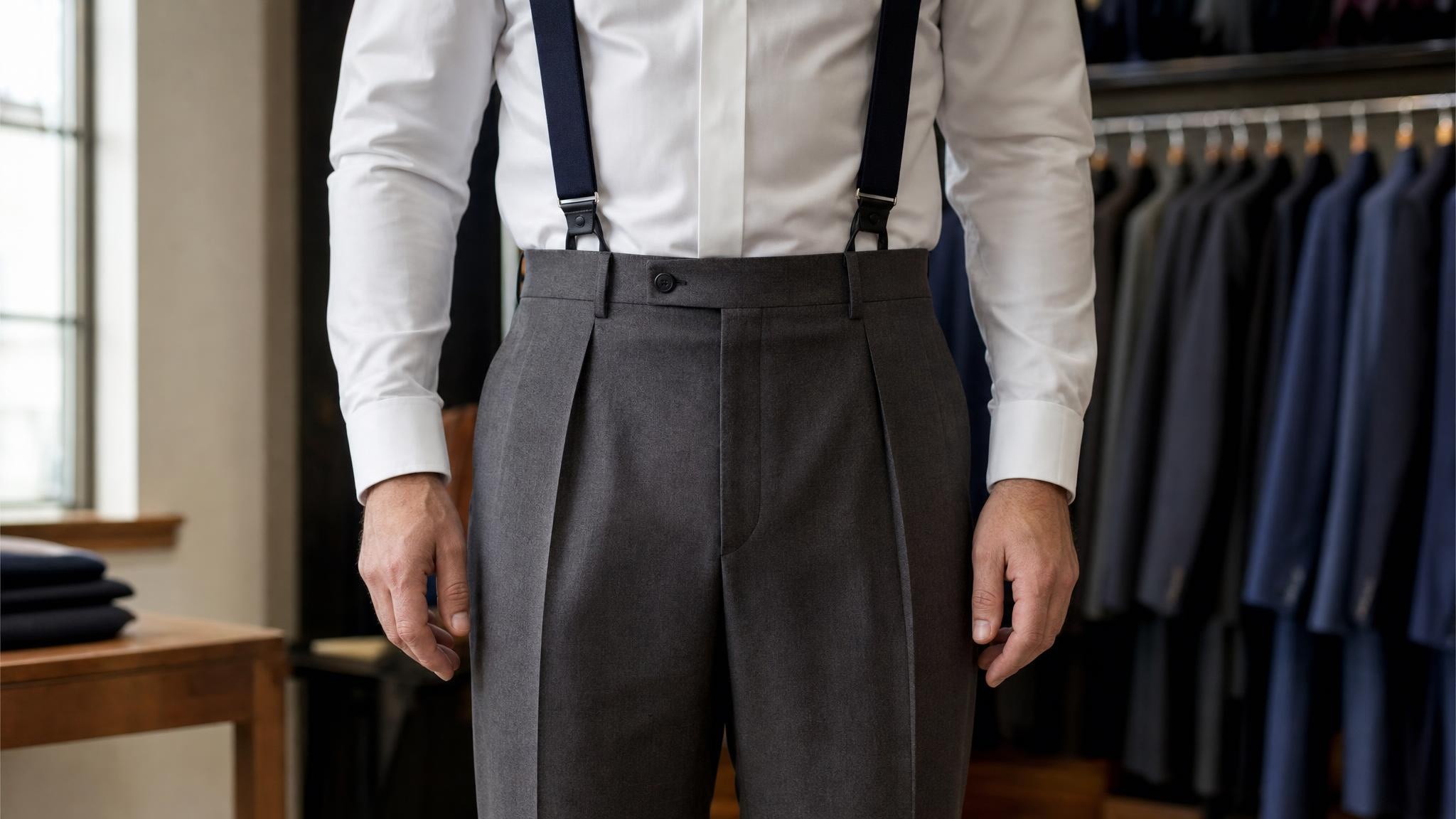 Charcoal pleated high-rise trousers sit at the natural waist, with a crisp white shirt tucked in neatly and navy bracesCharcoal pleated high-rise trousers sit at the natural waist, with a crisp white shirt tucked in neatly and navy braces