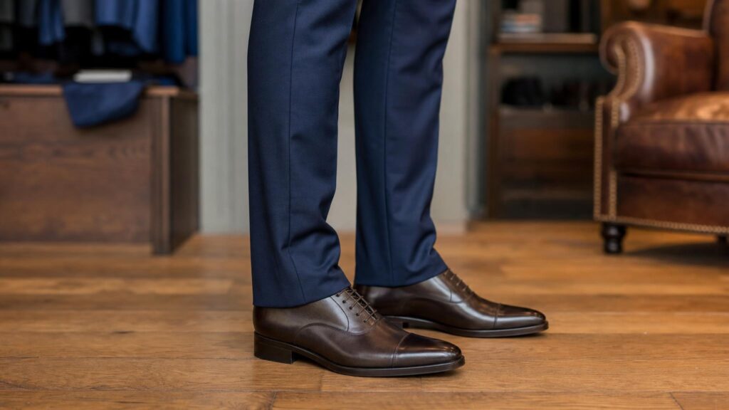 A close-up of navy trousers with a clean slight break resting on dark brown cap-toe Oxfords.